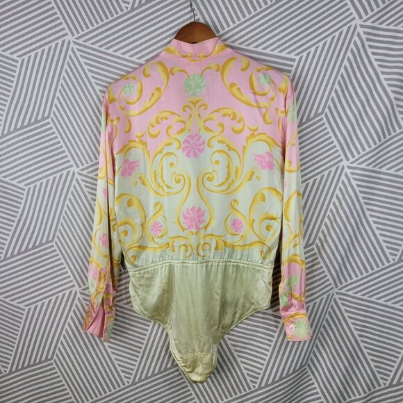 ESCADA Vintage 100% Silk Pink Green Gold Bodysuit Size Large 40 Wrap Top Royal - Picture 7 of 9